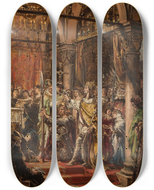 Triptych art skateboard deck of Jan Matejko Coronation Of The First King 1001 Ad From The Series History Of Civilization In Poland by Jan Matejko (1838-1893)