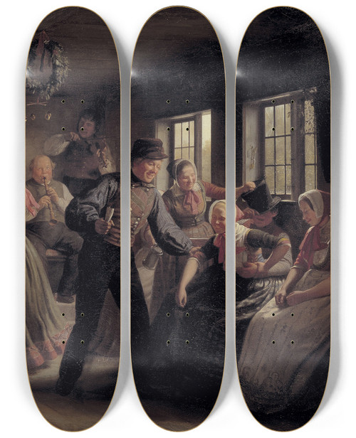 Triptych art skateboard deck of Julius Exner A Country Dance In The Hedebo District Zealand by Julius Exner (1825-1910)