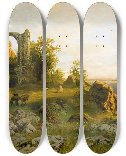 Triptych art skateboard deck of Hugo Darnaut Drnstein On The Danube by Hugo Darnaut (1850-1937)