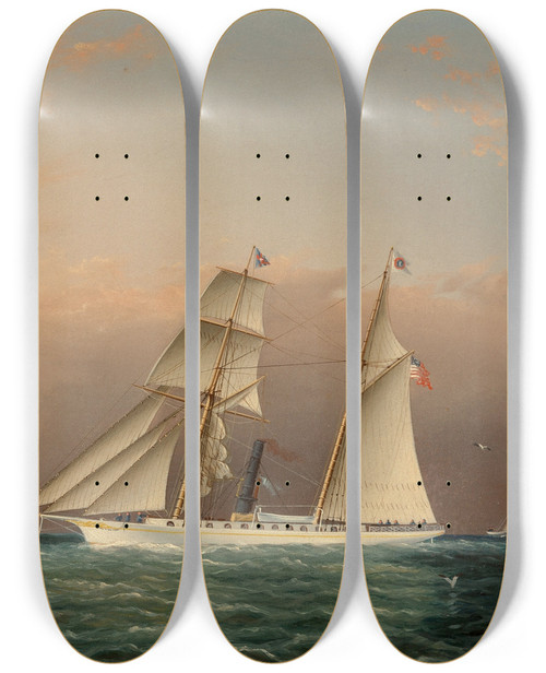 Triptych art skateboard deck of James Edward Buttersworth The Yacht Emily Of The New York Yacht Club Observing A Stakes Race Between The Schooners Dreadnought And Columbia by James Edward Buttersworth (1817-1894)