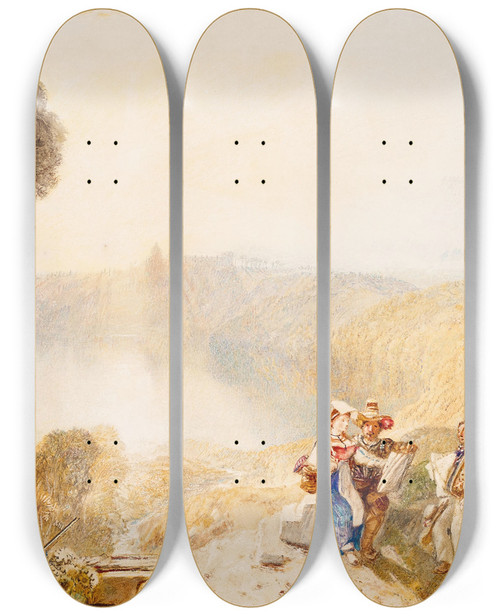 Triptych art skateboard deck of Joseph Mallord William Turner Lake Albano Italy by Joseph Mallord William Turner (1775-1851)