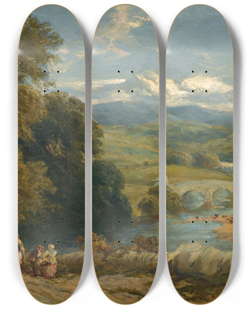 Triptych art skateboard deck of David Cox Landscape With A Distant View Of Bolton Abbey Yorkshire And The River Wharfe by David Cox (1783-1859)