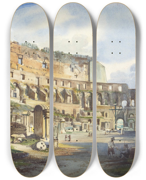 Triptych art skateboard deck of Ippolito Caffi Interior Of The Colosseum by Ippolito Caffi (1809-1866)