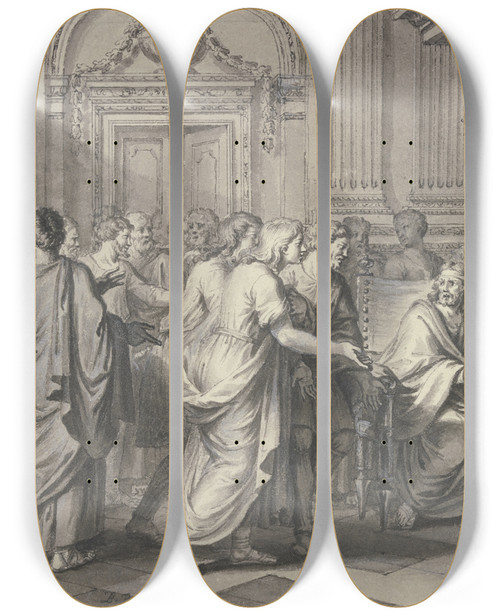 Triptych art skateboard deck of Bernard Picart Ein Rmer Wirft In Gegenwart Vieler Personen Papierrollen Ins Feuer by Bernard Picart (1673-1733)