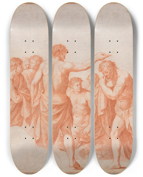 Triptych art skateboard deck of Cornelis Van Poelenburch The Baptism Of Christ by Cornelis Van Poelenburch (1594-1667)