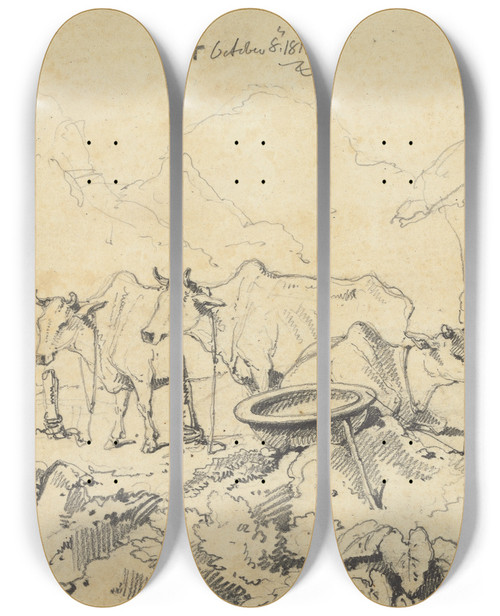 Triptych art skateboard deck of George Chinnery Three Cows Tethered by George Chinnery (1774-1852)