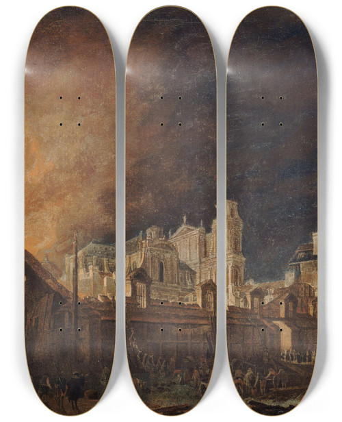 Triptych art skateboard deck of Pierreantoine Demachy La Foire Saintgermain Pendant Lincendie Nuit Du 16 Au 17 Mars 1762 by Pierre-Antoine Demachy (1723-1807)