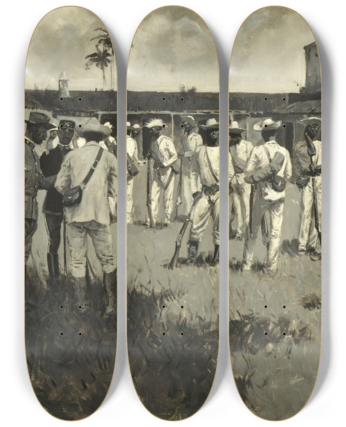 Triptych art skateboard deck of Frederic Remington Disbanding Gomez Army by Frederic Remington (1861-1909)
