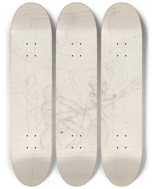Triptych art skateboard deck of John Flaxman Two Winged Putti Fighting For The Palm Eros And Anteros by John Flaxman (1755-1826)