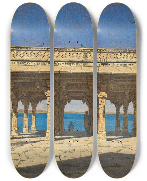 Triptych art skateboard deck of Vasily Vereshchagin Evening On A Lake A Pavilion On The Marble Embankment In Rajnagar Udaipur Principality by Vasily Vereshchagin (1842-1904)