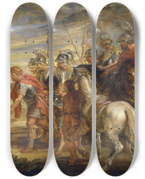 Triptych art skateboard deck of Peter Paul Rubens The Meeting Of David And Abigail_1 by Peter Paul Rubens (1577-1640)