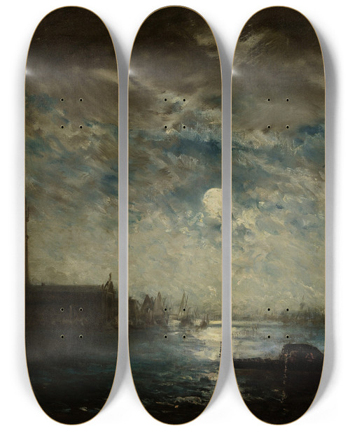Triptych art skateboard deck of Flix Ziem Venise Et Le Campanile Au Clair De Lune by Felix Ziem (1821-1911)