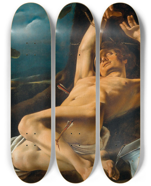 Triptych art skateboard deck of Louis Finson Saint Sebastian by Louis Finson (1574-1617)