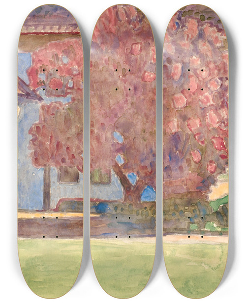 Triptych art skateboard deck of Niels Bjerre Parti Fra Brejningegaard Prspjld by Niels Bjerre (1864-1942)