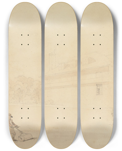 Triptych art skateboard deck of William Alexander Lady Macartneys Villa At Chiswick by William Alexander (1767-1816)