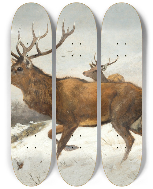 Triptych art skateboard deck of Carl Friedrich Deiker Stags In The Snow by Carl Friedrich Deiker (1836-1892)