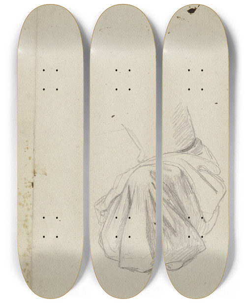 Triptych art skateboard deck of Jakob Becker Studienblatt Kniende Gewandfiguren by Jakob Becker (1810-1872)