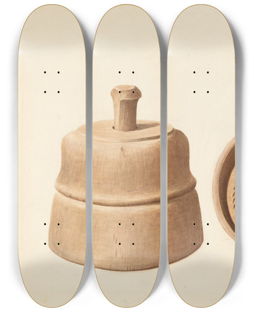Triptych art skateboard deck of Wilford H Shurtliff Butter Mold by Wilford H Shurtliff