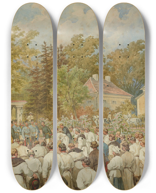 Triptych art skateboard deck of Juliusz Kossak Delegation From The Krysowice Commune Thanking The Emperor For Money Donated For The Building Of The School by Juliusz Kossak (1824-1899)