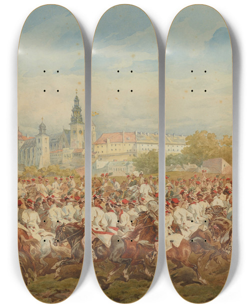 Triptych art skateboard deck of Juliusz Kossak Krakow Cavalry Honour Escort Accompanying The Emperor On His Ride Through The Bonia Meadows by Juliusz Kossak (1824-1899)