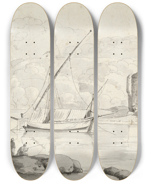 Triptych art skateboard deck of Carlo Labruzzi The Socalled Temple Of Venus At Baiae With A Boat And Two Fishermen In The Foreground by Carlo Labruzzi (1748-1817)