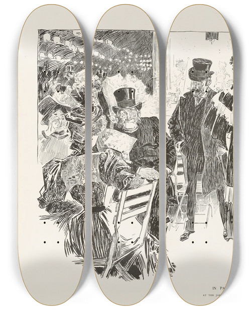 Triptych art skateboard deck of Charles Dana Gibson In Paris At The Jardin De Paris_1 by Charles Dana Gibson (1867-1944)