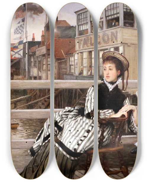 Triptych art skateboard deck of James Tissot Waiting For The Ferry At The Falcon Tavern by James Tissot (1836-1902)