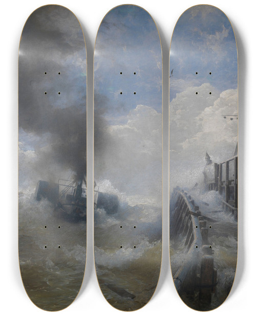 Triptych art skateboard deck of Andreas Achenbach A Tug Leaving The Port Of Ostend by Andreas Achenbach (1815-1910)