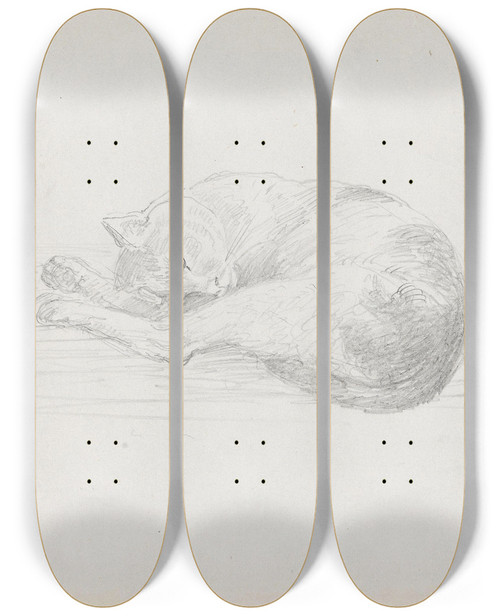 Triptych art skateboard deck of Adolph Tidemand Sleeping Cat by Adolph Tidemand (1814-1876)