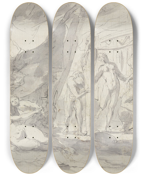 Triptych art skateboard deck of Raymond Lafage Bacchanal Nymphen Und Faune Tanzen Um Eine Panherme by Raymond Lafage (1656-1682)