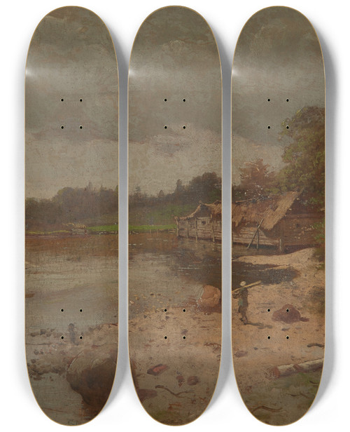 Triptych art skateboard deck of Seweryn Bieszczad Landscape With A Pond by Seweryn Bieszczad (1852-1923)