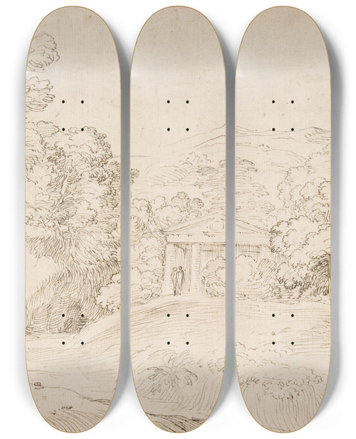 Triptych art skateboard deck of Giovanni Francesco Grimaldi Landscape With A Pedimented Temple And Two Figures by Giovanni Francesco Grimaldi (1606-1680)