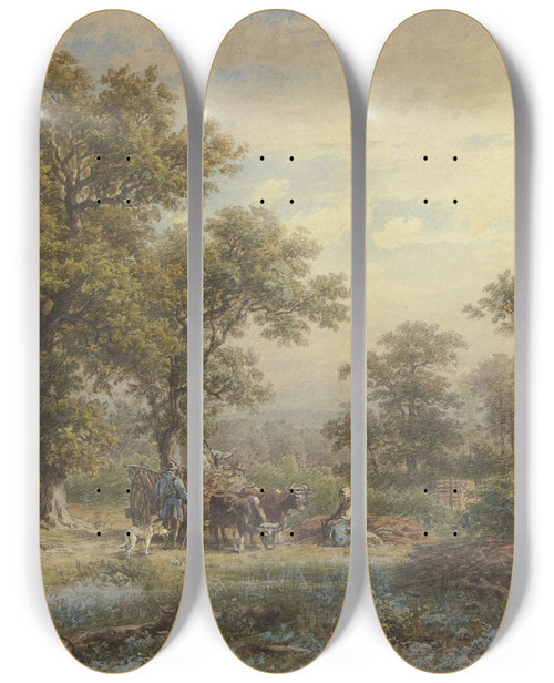 Triptych art skateboard deck of Jakob Maurer Clearing In The Oak Forest by Jakob Maurer (1826-1887)