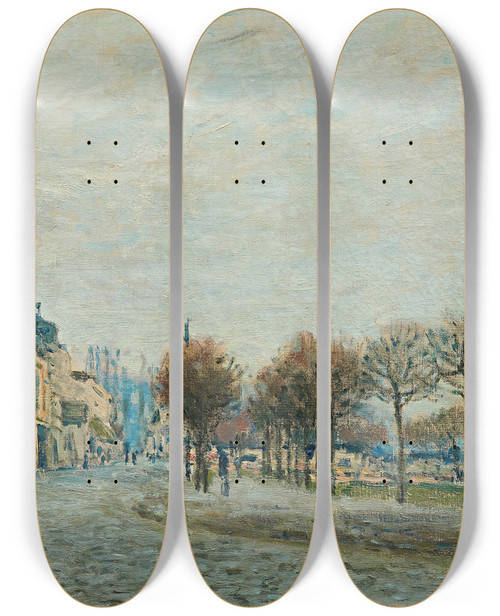 Triptych art skateboard deck of Alfred Sisley Portmarly Avant Linondation by Alfred Sisley (1840-1899)