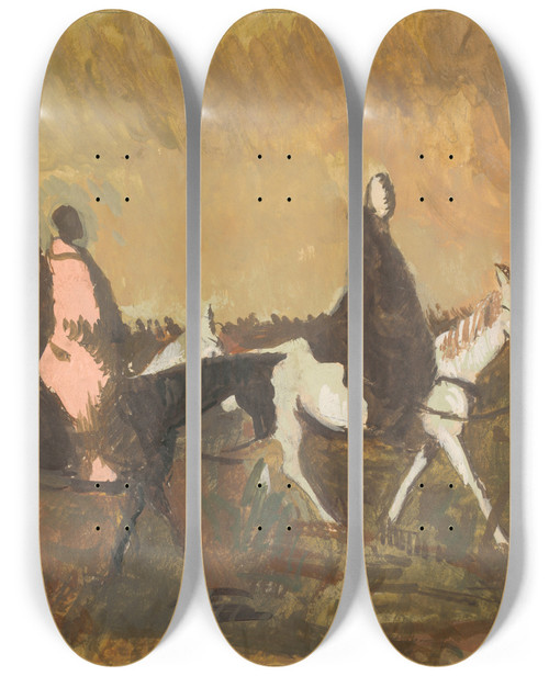 Triptych art skateboard deck of Cyprin Majernk Three Riders by Cyprian Majernik (1909-1945)