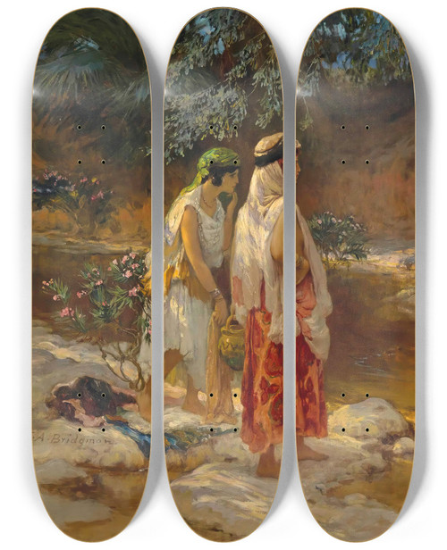 Triptych art skateboard deck of Frederick Arthur Bridgman On The Banks Of The Wadi by Frederick Arthur Bridgman (1847-1928)