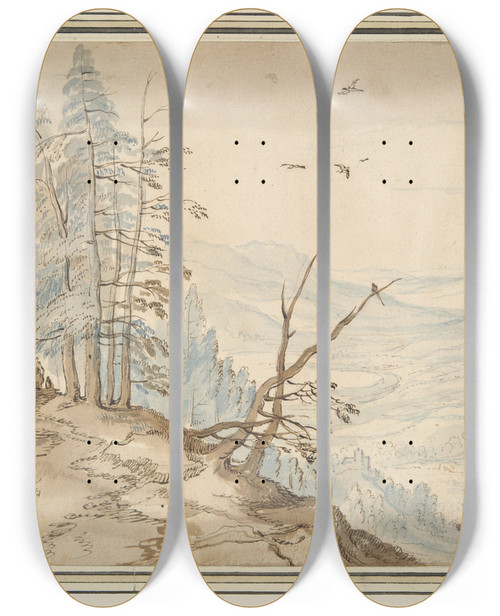 Triptych art skateboard deck of School Of Jan Brueghel The Elder View In A Valley From The Edge Of A Mountainroad by School of Jan Brueghel the Elder (1568-1625)