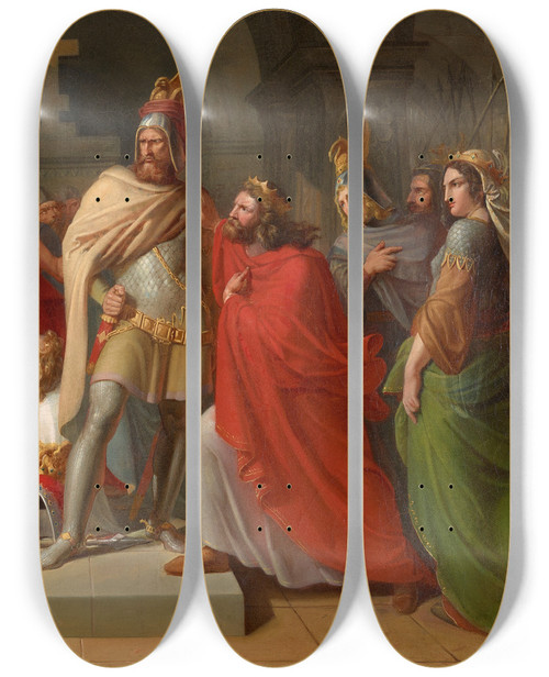 Triptych art skateboard deck of Carl Rahl Kriemhild An Der Leiche Siegfrieds Erklrt Hagen Als Dessen Mrder Und Schwrt Rache by Carl Rahl (1812-1865)