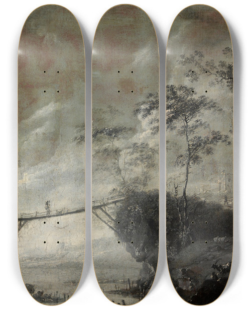 Triptych art skateboard deck of Cornelis De Bie Landscape With A Bridge by Cornelis De Bie (1621-1664)
