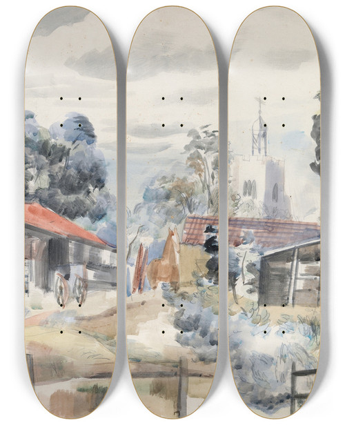 Triptych art skateboard deck of Paul Nash Hillingdon Church London by Paul Nash (1889-1946)