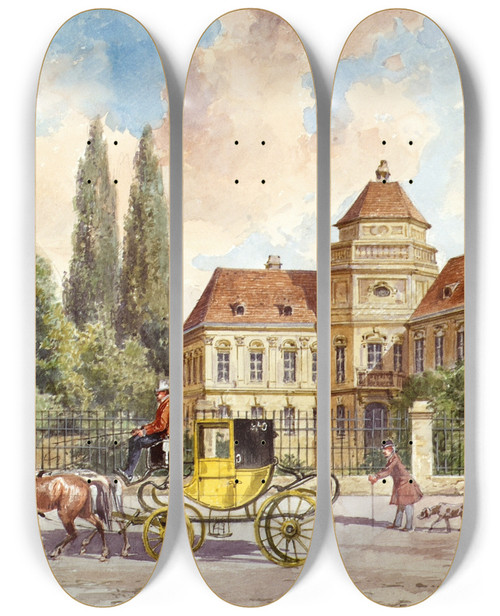 Triptych art skateboard deck of Ferdinand Weckbrodt Im Althanpalais Puthon In Wien by Ferdinand Weckbrodt (1838-1902)