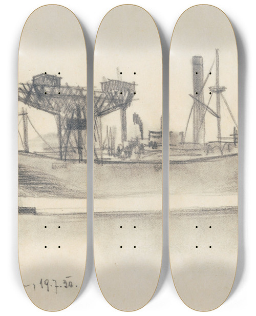 Triptych art skateboard deck of Karl Wiener Ohne Titel Schiff Kopenhagen_2 by Karl Wiener (1901-1949)