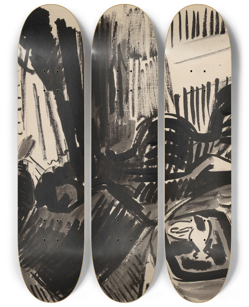 Triptych art skateboard deck of Rik Wouters Nel Sewing Before The Burtterfly Sofa by Rik Wouters (1882-1916)