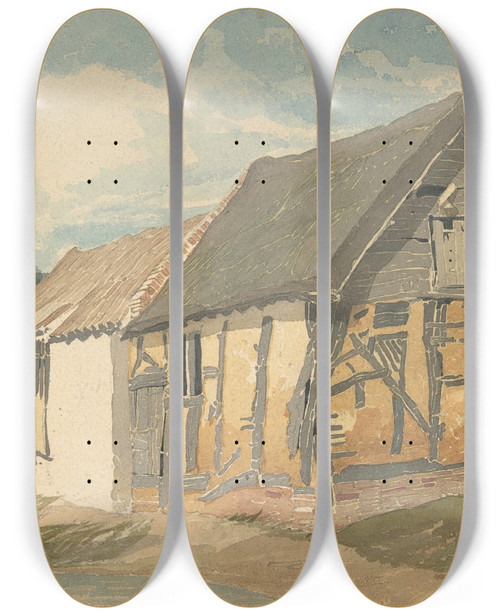 Triptych art skateboard deck of John Sell Cotman Farm Building By A Pond by John Sell Cotman (1782-1842)