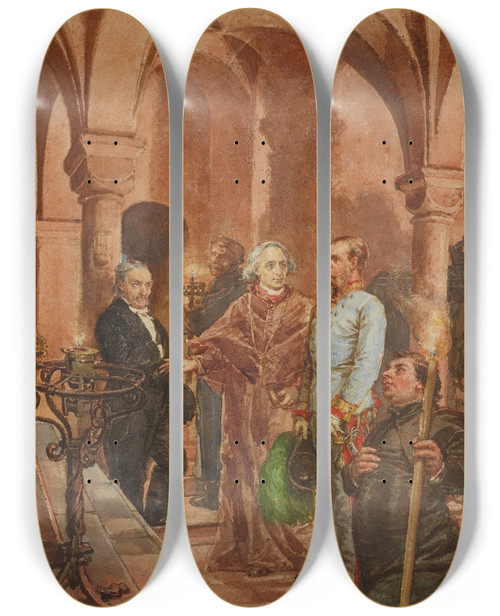 Triptych art skateboard deck of Jan Matejko The Emperor In Front Of The Sarcophagus Of John Iii Sobieski In Saint Leonards Crypt Under The Wawel Cathedral by Jan Matejko (1838-1893)