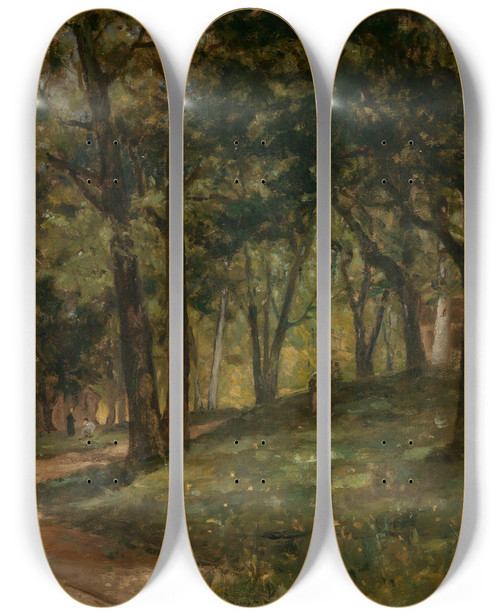 Triptych art skateboard deck of Edward Mitchell Bannister Untitled Landscape With Trees by Edward Mitchell Bannister (1828-1901)