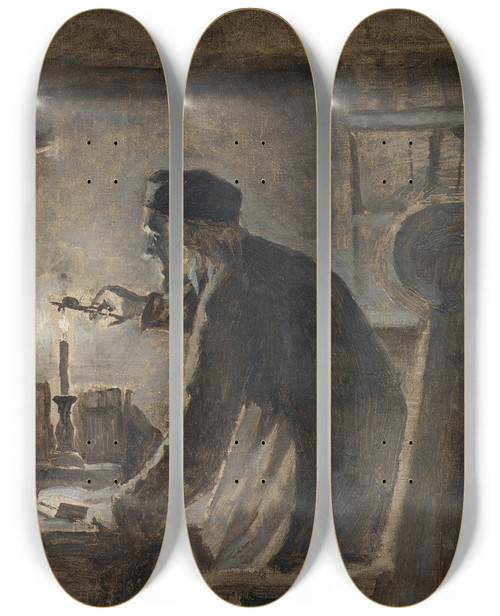 Triptych art skateboard deck of Hans Smidth Pastor Sren Blows Out The Candle On The New Years Eve by Hans Smidth (1839-1917)