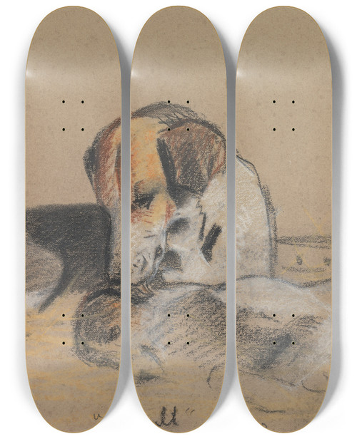 Triptych art skateboard deck of Archibald Thorburn Hounds Seagull by Archibald Thorburn (1860-1935)