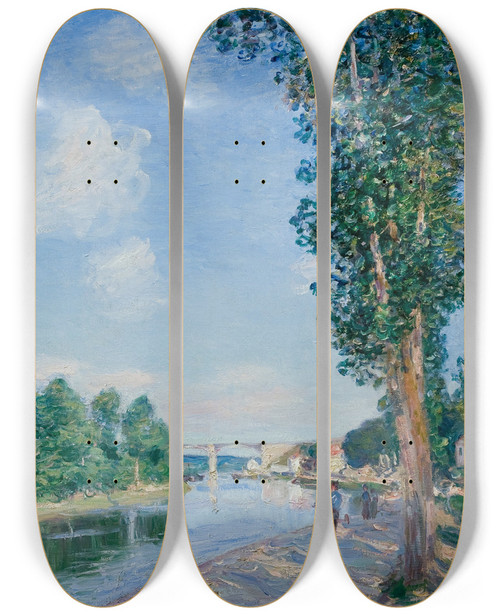 Triptych art skateboard deck of Alfred Sisley Saintmamms June Sunshine by Alfred Sisley (1840-1899)