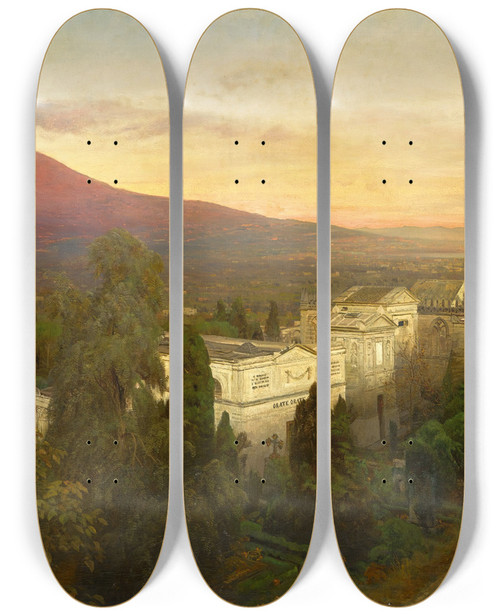 Triptych art skateboard deck of Oswald Achenbach Campo Santo In Poggioreale The Vesuvius Beyond by Oswald Achenbach (1827-1905)